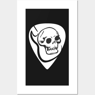 White guitar pick with a dark skull and textured guitar silhouette. Rock/Roll lovers. Posters and Art